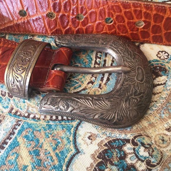 Jennifer Graham Leather Western Belt Croc Embossed Silver Brass Buckle Medium - Picture 9 of 10